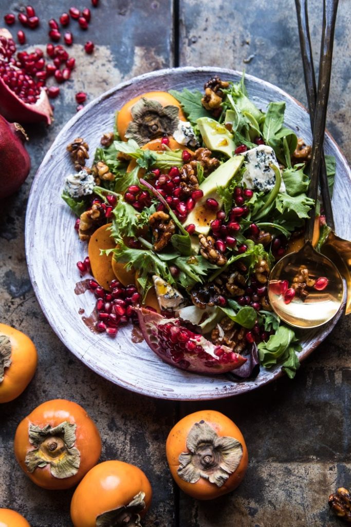 POMEGRANATE AVOCADO SALAD WITH CANDIED WALNUTS: